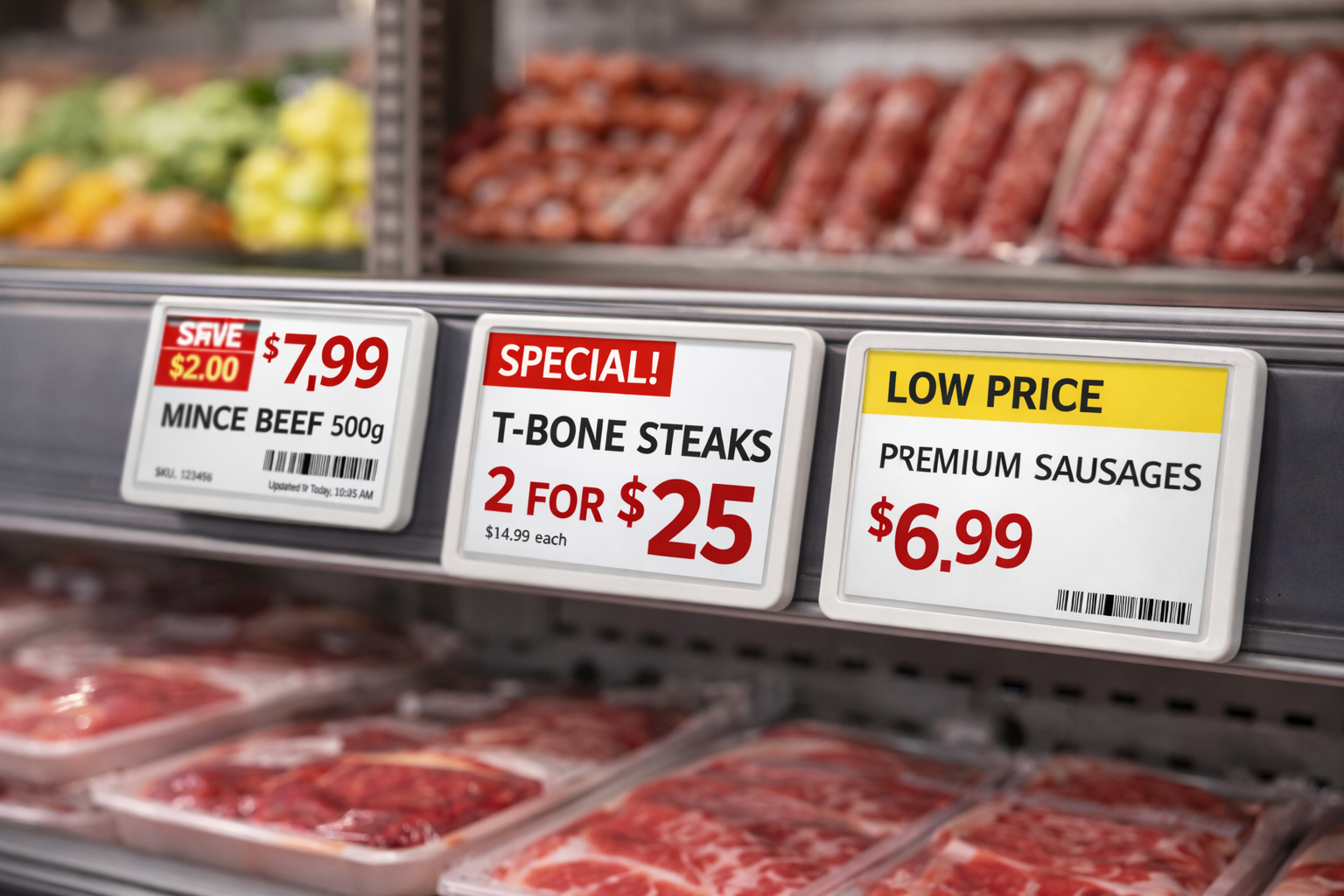 Electronic shelf labels used in retail store/butcher shelving